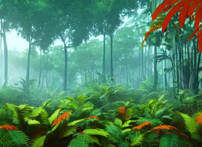 Prompt: a lush alien forest, teal sky, orange plants, birds in flight, humid alien jungle, orange and teal color scheme, atmospheric, exotic, colorful, unreal engine, trending on artstation