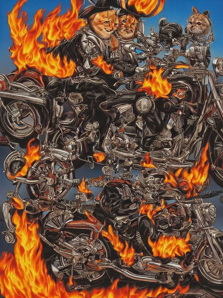 Prompt: a cat riding Harley Davidson on fire Mark Ryden and Alex Gross, Todd Schorr highly detailed