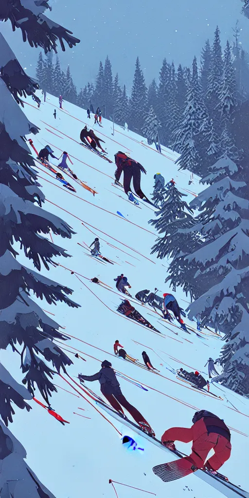 Image similar to by moebius and atey ghailan | the bottom of a ski slope with a huge pile of tangled up skiers |