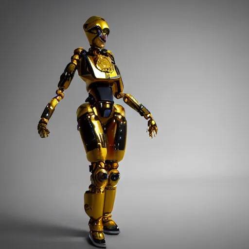 Image similar to octane render, a complex high poly cinematic 3 d model of a giant robotic android woman made out of porcelain with golden grout, jewel tone glowing eyes, fiber optic hair, inside a black rococo palace, 8 k, unreal enging, cinema 4 d, cinematic angle