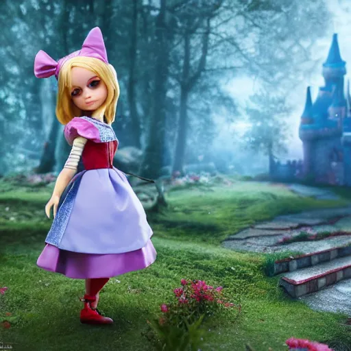 Image similar to beautiful alice full body doll figurine infront of castle, alice in wonderland theme, disney inspired, octane render, 8 k, ultra realistic, hd, cinematic lighting, fantasy landscape, artstation