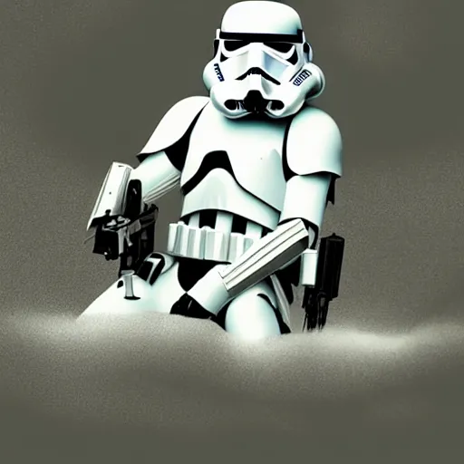 Image similar to stormtrooper sitting in a trench, digital art, ultra realistic, highly detailed, HD, artstation, concept art, smooth, sharp focus, illustration, cinematic lighting, realistic, art by Edouard Groult