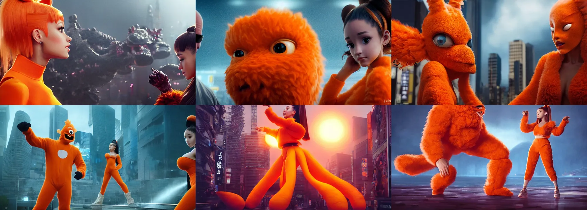 Image similar to ultrarealistic giant ariana grande wearing orange monster chicken suit vs jason statham in tokyo by yusuke murata, octane render, character concept art, movie action still frame, cinematic lighting, volumetric lighting, extreme intricate details, artstation, dnd art, cgsociety, sharp focus, ultra wide angle, digital painting by artgerm, gerald brom, wlop