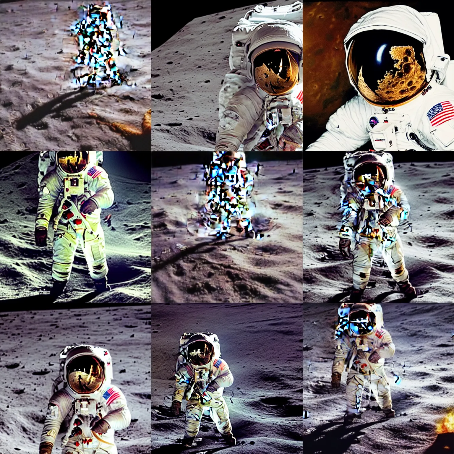 Prompt: a photo of an astronaut on the moon without his helmet, eating garlic bread, high quality