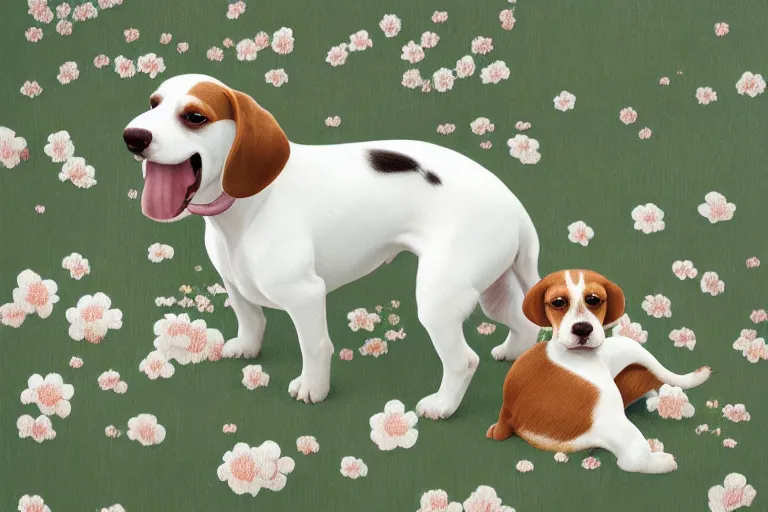 Image similar to white and brown beagle dog playing a flowery field by Hsiao-Ron Cheng