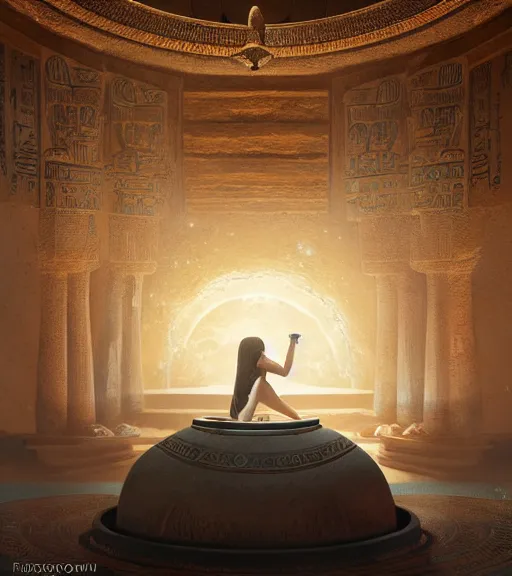 Image similar to fantasy movie scene greg rutkowski digital painting of an ornate and royal egyptian antechamber tomb, a circular pool with a galaxy inside, unreal engine, hyper realism, realistic shading, cinematic composition, blender render, octane render, hdr, detailed textures, photorealistic, ultrawide shot, 3 5 mm film