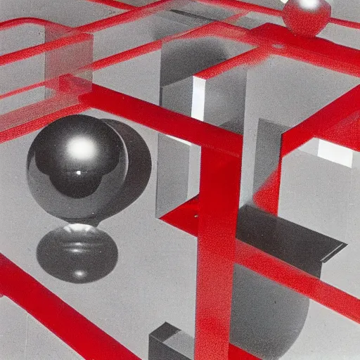 Prompt: chrome spheres on a red cube by laszlo moholy nagy