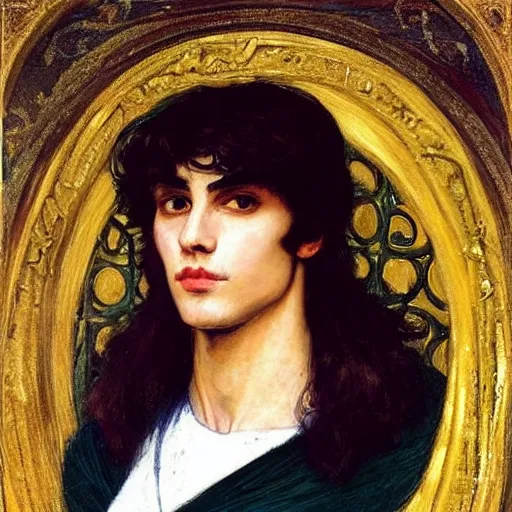 Image similar to painting of handsome beautiful medieval prince in his 2 0 s named shadow wearing a golden crown, elegant, soft facial features, clear, sharp focus, painting, stylized, art, art by john everett millais, john william waterhouse