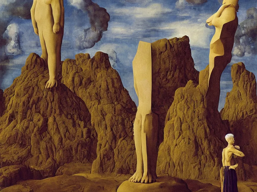 Prompt: albino mystic, with his back turned, looking at a giant totemic African statue, archaic, geometric, strange god, mound, rock. Painting by Jan van Eyck, Audubon, Rene Magritte, Agnes Pelton, Max Ernst, Walton Ford