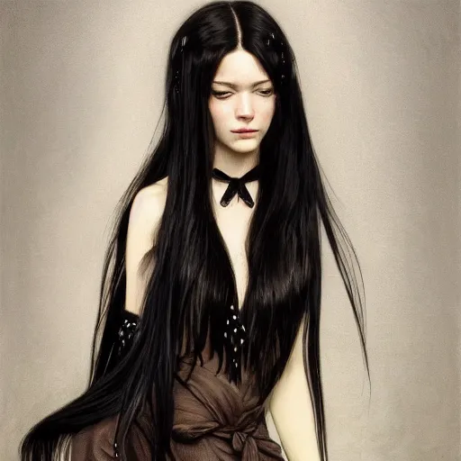 Image similar to portrait of teenage girl with long glossy black hair, glowing skin, delicate features, victoria wallace, stoya, fantasy, intricate, elegant, dress shirt and tie, highly detailed, digital painting, artstation, concept art, smooth, sharp focus, illustration, art by Krenz Cushart and Artem Demura and alphonse mucha