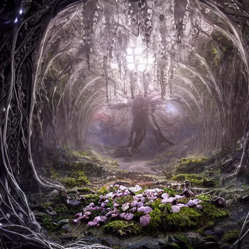 Prompt: biocomputer heart organ intertwined with white biocomputer flowers in a biomechanical cave forest, intricate environment, matte painting, diffused lighting, highly detailed cinematic, atmosphere, diffused lighting, highly detailed digital art, trending on artstation, depth of field, wide angle