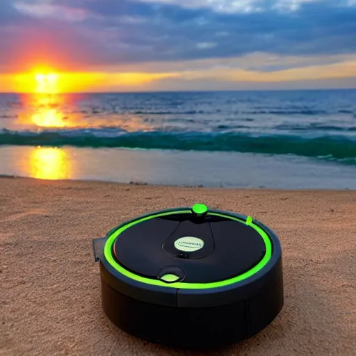 Image similar to roomba chilling on the beach, sunset