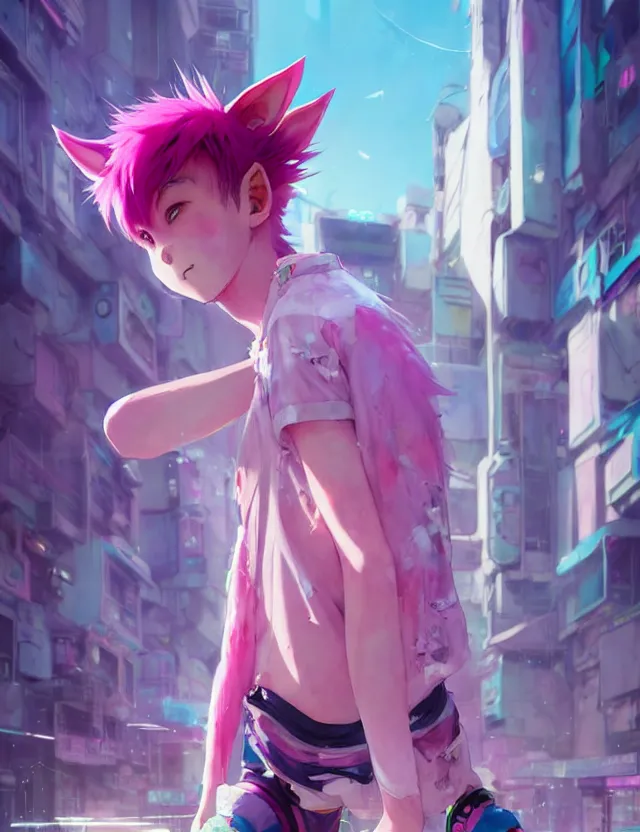 Prompt: a beautiful portrait of a cute anime boy with pink hair and pink wolf ears barefoot wearing sport clothing and leggings under shorts in cyberpunk city. character design by cory loftis, fenghua zhong, ryohei hase, ismail inceoglu and ruan jia. artstation, volumetric light, detailed, photorealistic, fantasy, rendered in octane