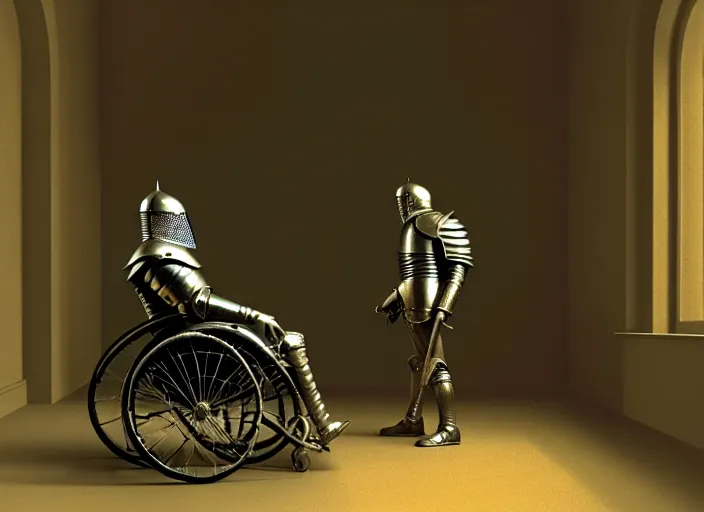 Prompt: knight in armor in a wheelchair do tricks watch old tv, rome, highly detailed, soft lighting, elegant, works by edward hopper and james gillard, zdislaw beksinski, stephen outram, andreas m wiese, highly detailed, masterpiece. rendered in blender, smooth shadows, ultra detail, high resolution, unreal 6, 8 k