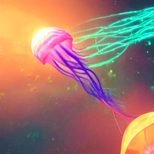 Image similar to a jellyfish with a bright biosphere in its head floating in space, long neon tentacles, meteor shower background unreal engine render, hyper realistic, ultra detailed