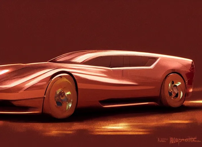 Image similar to copper color paint car designed by dmc and gmc, concept art style by john berky and liam wong and michael whelan.