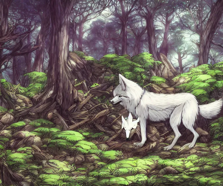 Image similar to wolf in a forest, anime fantasy illustration by tomoyuki yamasaki, kyoto studio, madhouse, ufotable, comixwave films, trending on artstation