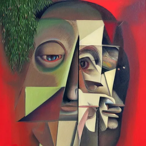 Prompt: a painting of a man's face with a tree growing out of it, a cubist painting by francis bacon, behance contest winner, deconstructivism, dystopian art, cubism, oil on canvas