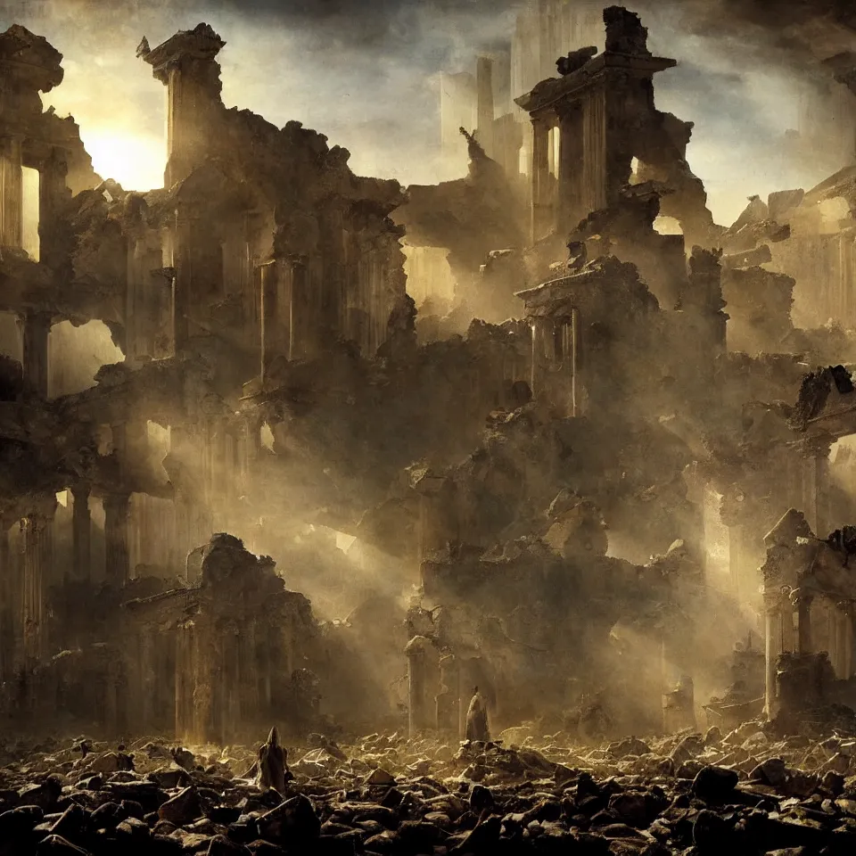 Prompt: beatitudes painting of ruins on a planet with broken advanced technology with led lights working, epic composition, epic lighting, by christopher nolan
