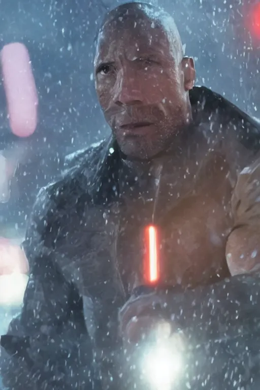 Prompt: An epic cinematic film still of Dwayne Johnson in the movie Blade Runner: 2049.