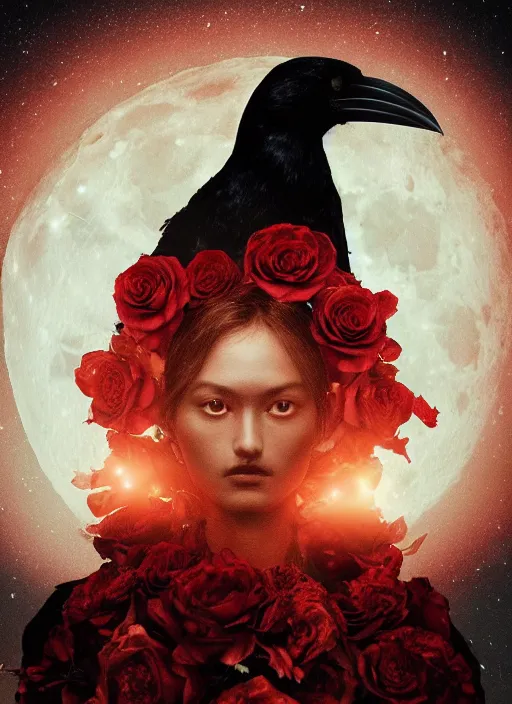 Image similar to moon is important, red and golden color details, portrait, A crow with red eyes in front of the full big moon, book cover, red roses, red white black colors, establishing shot, extremly high detail, foto realistic, cinematic lighting, by Yoshitaka Amano, Ruan Jia, Kentaro Miura, Artgerm, post processed, concept art, artstation, raphael lacoste, alex ross, portrait, A crow with red eyes in front of the full big moon, book cover, red roses, red white black colors, establishing shot, extremly high detail, photo-realistic, cinematic lighting, by Yoshitaka Amano, Ruan Jia, Kentaro Miura, Artgerm, post processed, concept art, artstation, raphael lacoste, alex ross