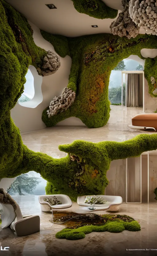 Image similar to highly detailed villa natural beautiful light interior soft cinematic composition of a smooth ceramic porcelain biomorphic magnolia stone nebula fluid sci - fi surreal colorful architecture landscape, furniture, granite, trees, marble, moss, lichen, fungi, vincent callebaut composition, mamou - mani, archviz, 8 k, unreal engine, hdr