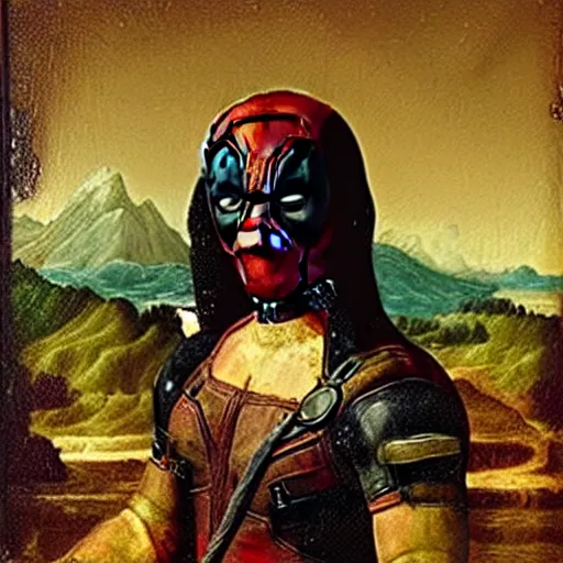 Image similar to the Deadpool as Monalisa, realistic painting by Leonardo da Vinci