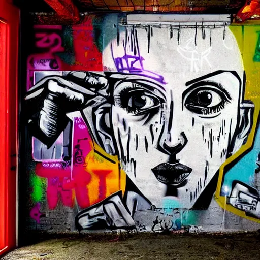 Prompt: chappie colorful graffiti, black and white zef design graffiti on the wall, dark lighting, digital art