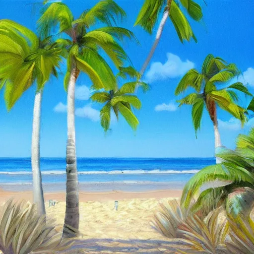 Image similar to A beautiful award winning painting of a tropical beach with palm trees and blue ocean, trending on artstation