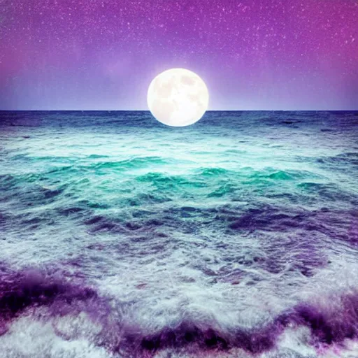 Prompt: the infinite ocean stretches out beyond the horizon, fading into the star filled night sky. ethereal, dreamlike. the moon is broken and made out of amethyst.