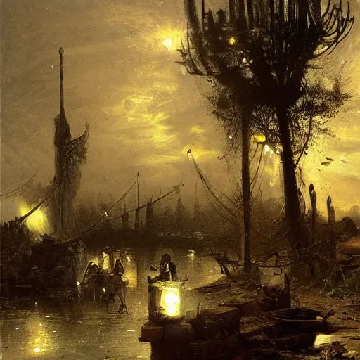 Prompt: painting hr giger tent in a landscape, scifi gadgets in a pond, floral ornaments light beams night, street lights, andreas achenbach