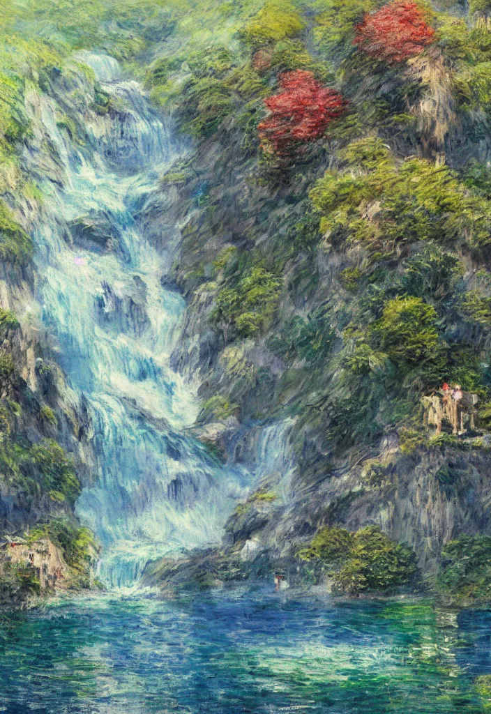 Prompt: a japanese city in the mountain surrounded by waterfall. cyberpunk, boats flying. beautiful blue sky. gorgeous epic nature, lofi, vivid colors, amazing light, by jeremy lipkin, by claude monet, heavily inspired by makoto shinkai, inspired by ghibli, masterpiece, multiple brush strokes, impressionist style