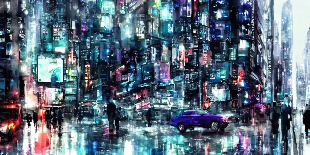Image similar to the coming AI singularity, street scene, ultrawide watercolor, Ghost in the Shell