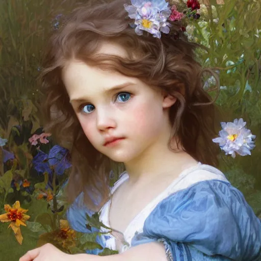 Prompt: a cute little girl with wavy light brown hair and blue eyes in a garden, beautiful highly detailed face, stunning painting by irakli nadar and greg rutkowski and alphonse mucha