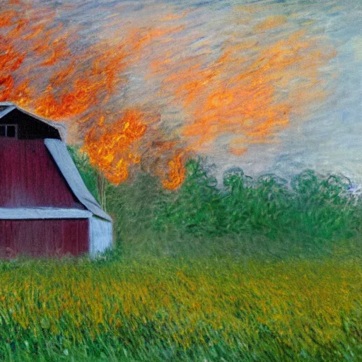 Image similar to a small barn engulfed in flames in the style of Monet