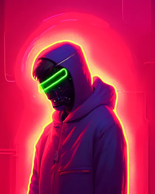 Image similar to cyberpunk synth, hyper - realistic detailed portrait of a man in a hoodie, with neon projection mask, digital painting, by atey ghailan, by greg rutkowski, by greg tocchini, by james gilleard, by joe fenton, by kaethe butcher, sharp focus