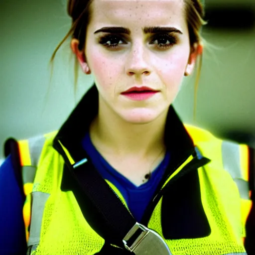 Image similar to photo, close up, emma watson in a hi vis vest, chewing tobacco, bump in lower lip, portrait, kodak gold 2 0 0,