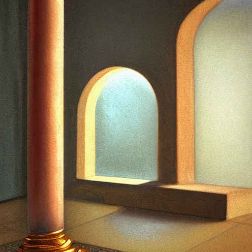 Image similar to still life painting of a room with a balcony and a pedestal displaying an ancient holy artifact, shaped like torus ring, chromed and ornate with gentle iridescent shine from within. the ring lays on top of a pedestal. perspective from the side. realistic light and shadows. moody fantasy art, still life renaissance pastel painting. close up