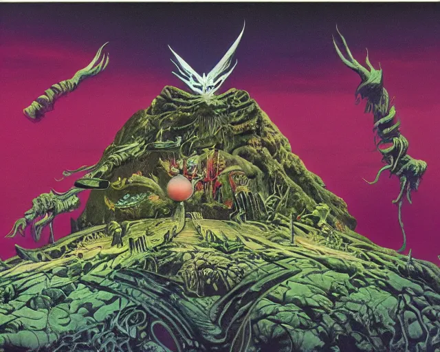 Image similar to roger dean 1 9 8 0 s heavy metal imagery satanic symbolism, illustration art, album art