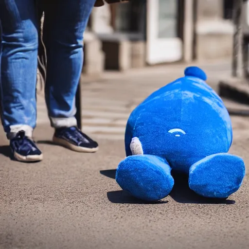 Image similar to blue'snappy gifts'human - sized plush doll, on sidewalk, giving gifts to people, happy atmosphere, high detail, soft lighting, 8 k