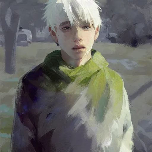 Prompt: a 14 year old teenage boy ghost with white hair and green eyes. White breath showing in the cold air. He is shivering from the cold. Sakimichan Repin. By Craig Mullins