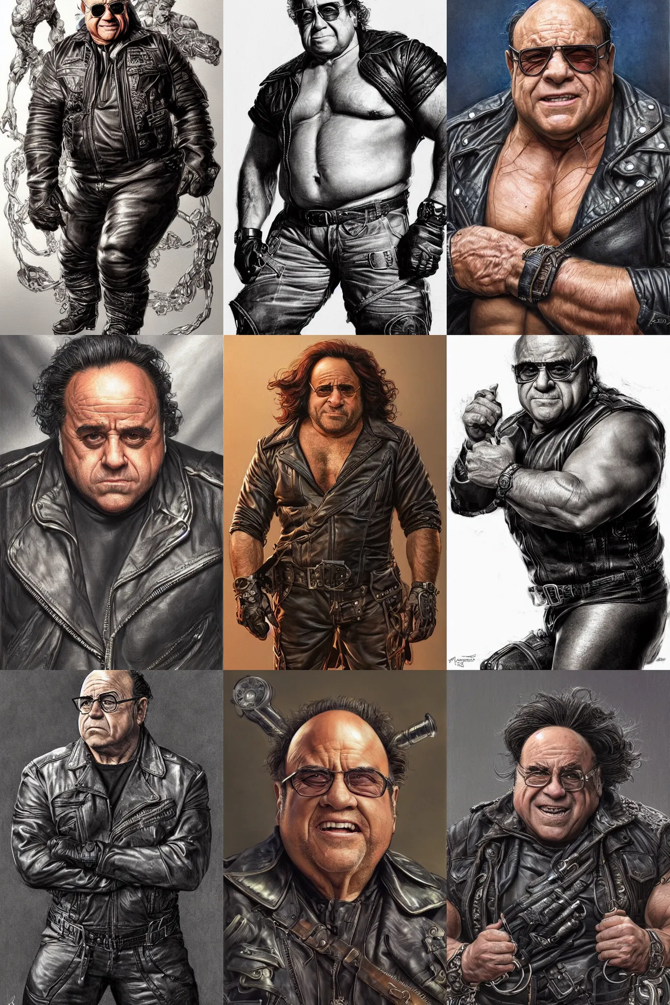 Prompt: muscled Danny devito as a ruggedly handsome hero , dressed in biker leather, intricate, elegant, highly detailed, centered, digital painting, artstation, concept art, smooth, sharp focus, illustration, art by artgerm and donato giancola and Joseph Christian Leyendecker, Ross Tran, WLOP