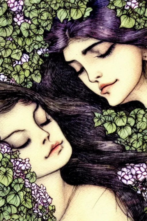 Prompt: closeup face shot of sleeping woman with long hair on a bed surrounded by ivy and flowers, fantasy art, trending on artstation, sleeping beauty fairytale, art by luis royo and walter crane and kay nielsen, watercolor illustration,