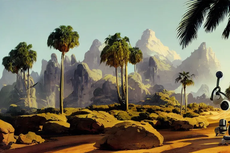 Image similar to natural american landscape | robot greeting another robot | palm trees | snowy mountains, painting by syd mead and weta studio and james jean, frank frazetta, highly detailed, rule of third, soft lighting, 8 k resolution, oil on canvas, architectural magazine, beautiful detailed, insanely intricate details, artstation trending, hypermaximalistic, high details, cinematic