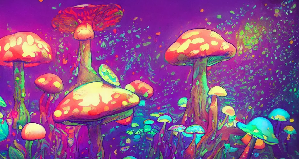 Image similar to a beautiful painting of trippy mushrooms by Tokio Aoyama, Mario Martinez, David Normal. photo-real, trending on artstation, dramatic lighting, minimal background.