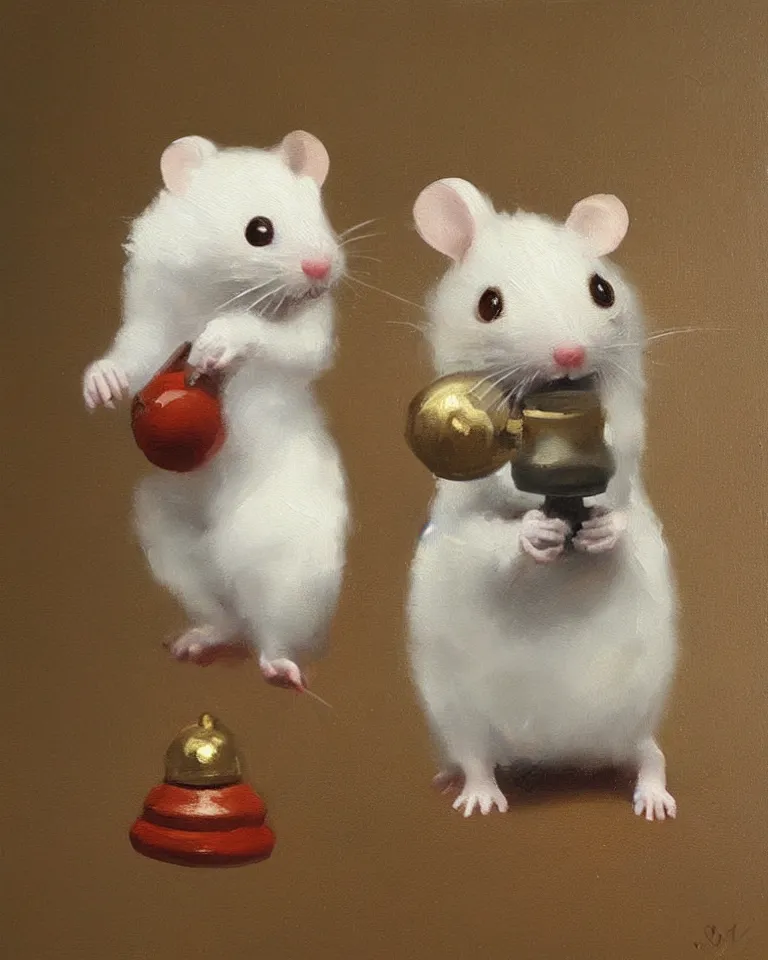 Image similar to an old oil painting of a cute white mouse standing on two legs and holding a round bell, trending on artstation