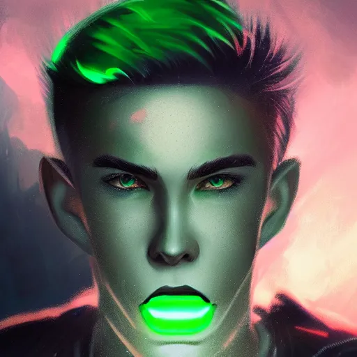 Image similar to a digital matte intricate face illustration concept art of young danny phantom with glowing green eyes and sharp teeth fangs alt art fashion inspired art by charlie bowater and wlop and mark arian and ross tran + neon colors, symmetry, intricate complexity, epic composition, magical atmosphere, highly detailed, cinematic lighting + masterpiece, trending on artstation + 8 k