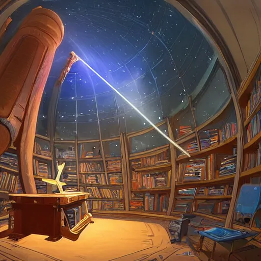 Prompt: Interior of an observatory, Blue light, Telescope, Shelves of books, Cluttered with Star maps, charts and tools, Dramatic lighting, Epic composition, Wide angle, by Miyazaki, Nausicaa Ghibli, Breath of The Wild