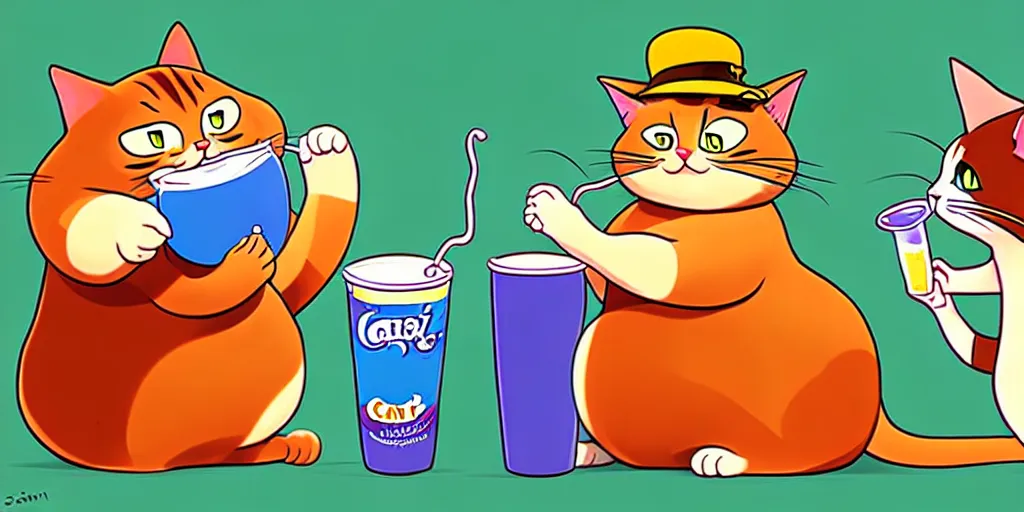 Image similar to chubby cartoon concept art, cat drinking soda, from lorax movie, spiral clouds, sam and max