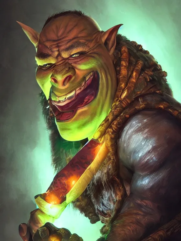 Prompt: portrait art of an orc using a banana as a phone, 8k ultra realistic , lens flare, atmosphere, glow, detailed, intricate, full of colour, cinematic lighting, trending on artstation, 4k, hyperrealistic, focused, extreme details, unreal engine 5, cinematic, masterpiece